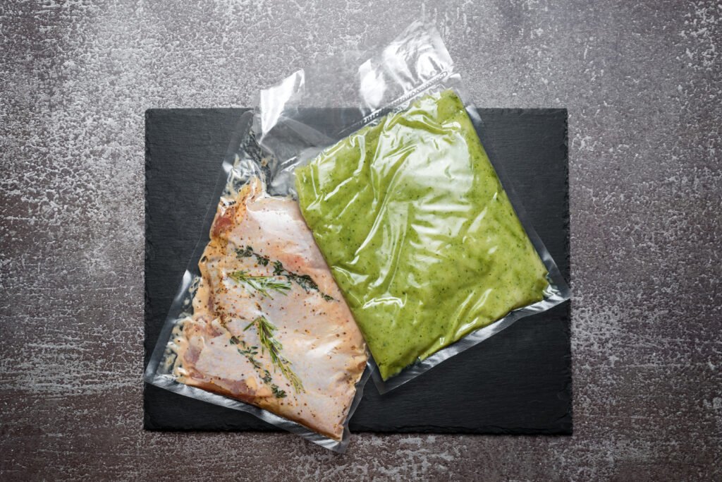 Two unbranded flexible packages containing prepared refrigerated foods for bulk-format evaluation