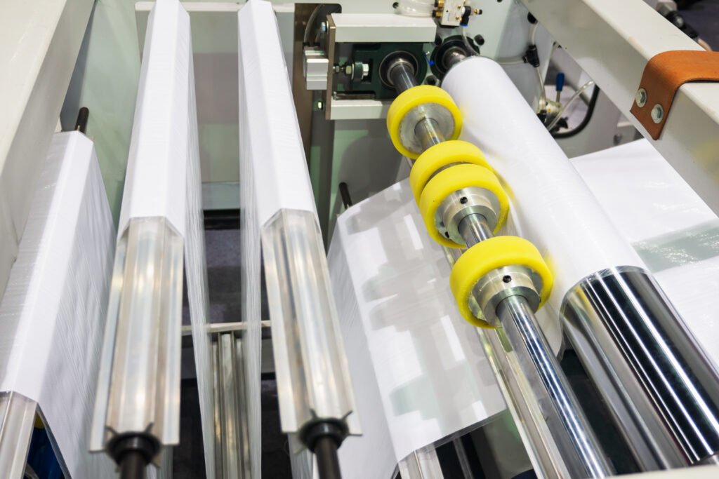 Flexible packaging film moving through industrial rollers