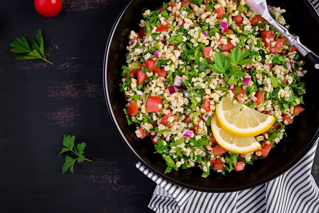 Prepared tabbouleh grain salad in a bowl for ready-to-eat product evaluation