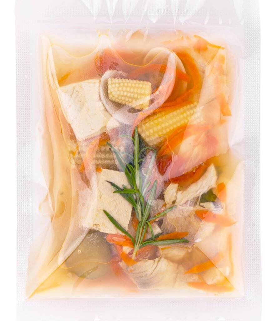 Unbranded sealed pouch containing a tofu and vegetable meal for HPP packaging review