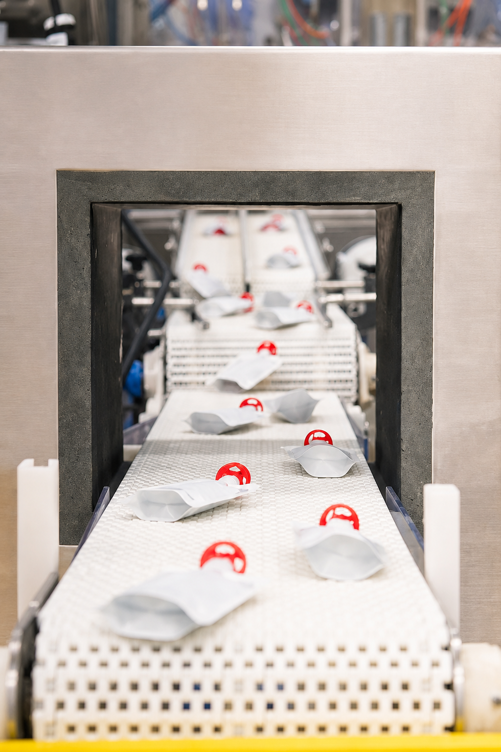 Unbranded flexible pouches moving along a conveyor through automated processing equipment at an APC food production facility