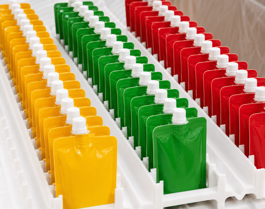 Rows of unbranded colored squeeze pouches staged in production trays at APC