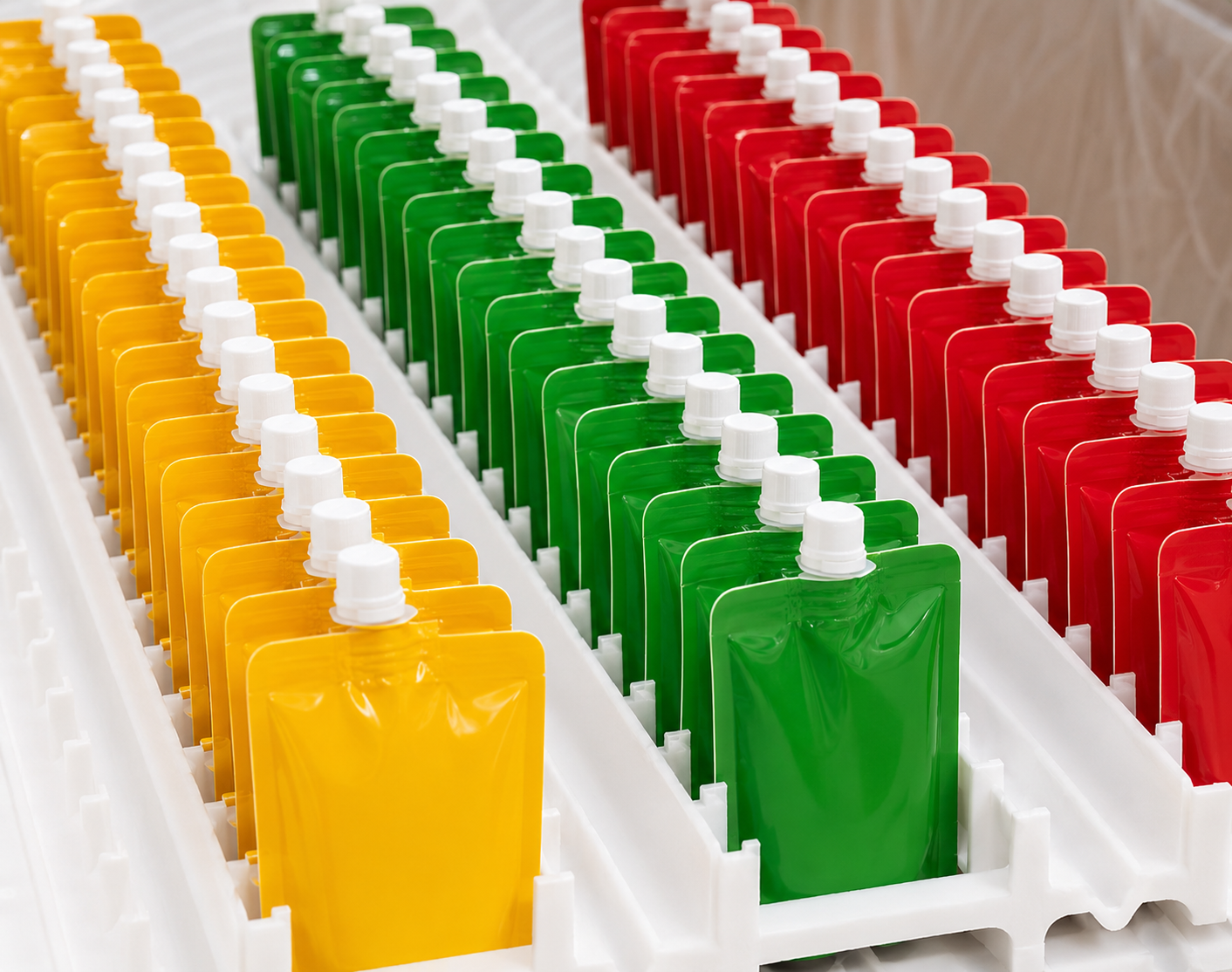 Rows of brightly colored unbranded squeeze pouches with white caps arranged in white production trays at an APC food manufacturing facility