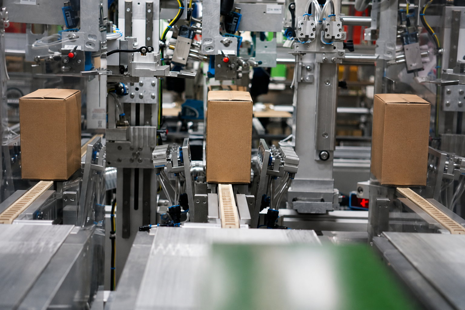 Brown cardboard cartons moving through automated packaging equipment on an APC production line