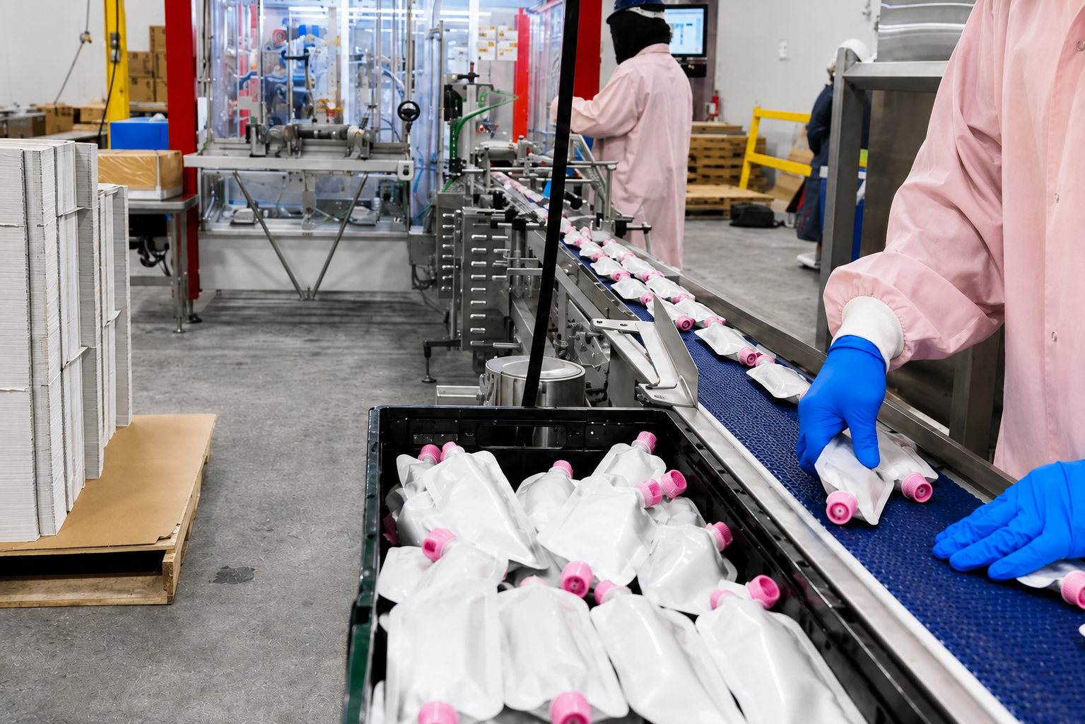 Worker sorting unbranded white squeeze pouches with pink caps on an APC production line