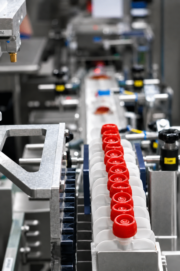 Unbranded white squeeze pouches with red caps moving upright through automated packaging equipment at APC