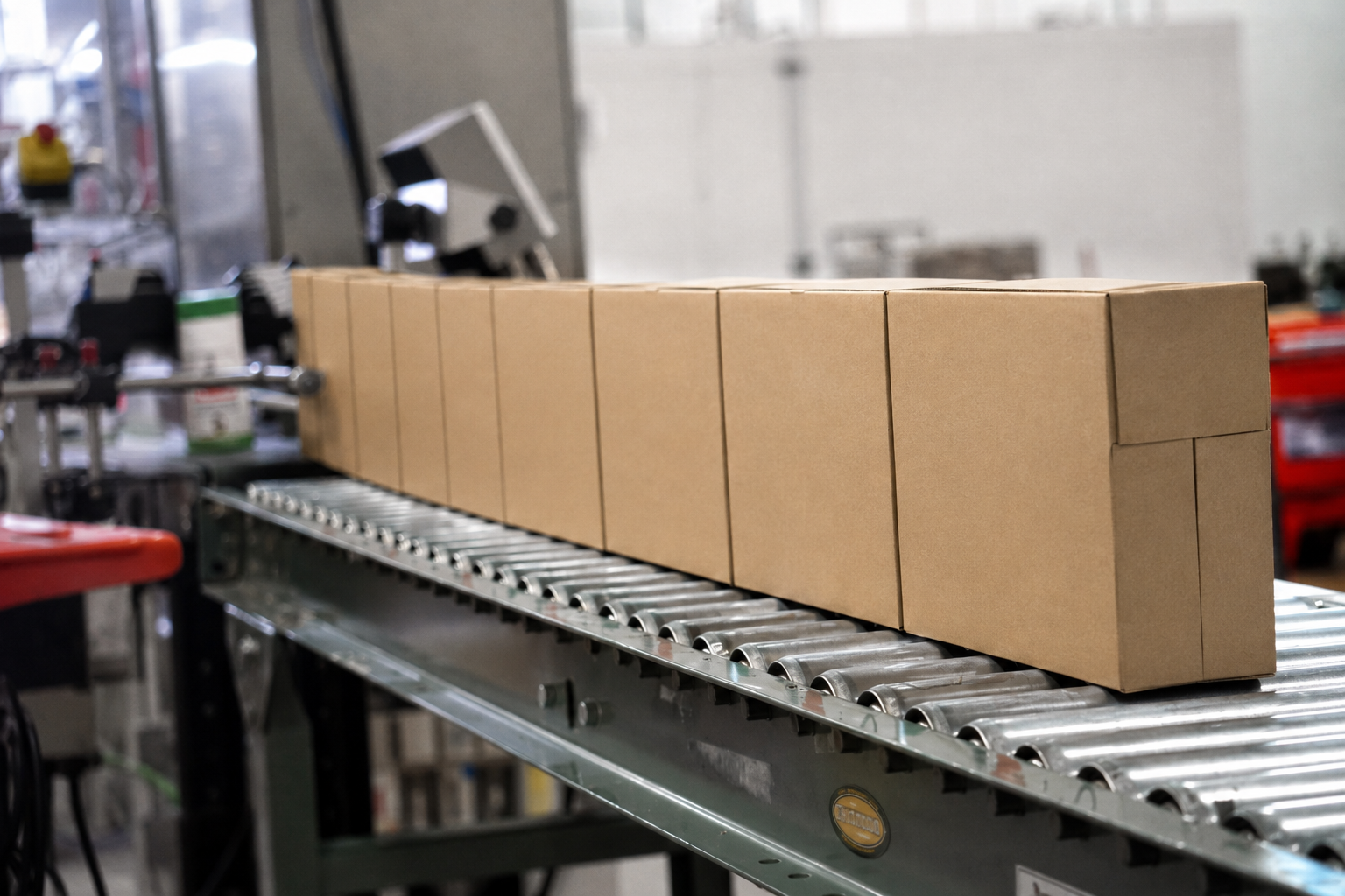 Plain unbranded corrugated cardboard boxes moving along an APC production conveyor, representing packaging generally unsuitable for HPP