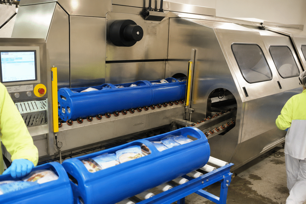 Blue HPP loading baskets moving through stainless-steel high-pressure processing equipment at APC