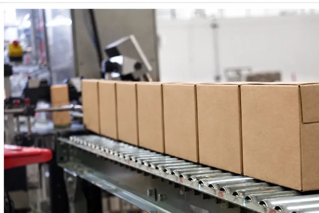 Plain corrugated cardboard cartons moving along a metal roller conveyor on an APC packaging line