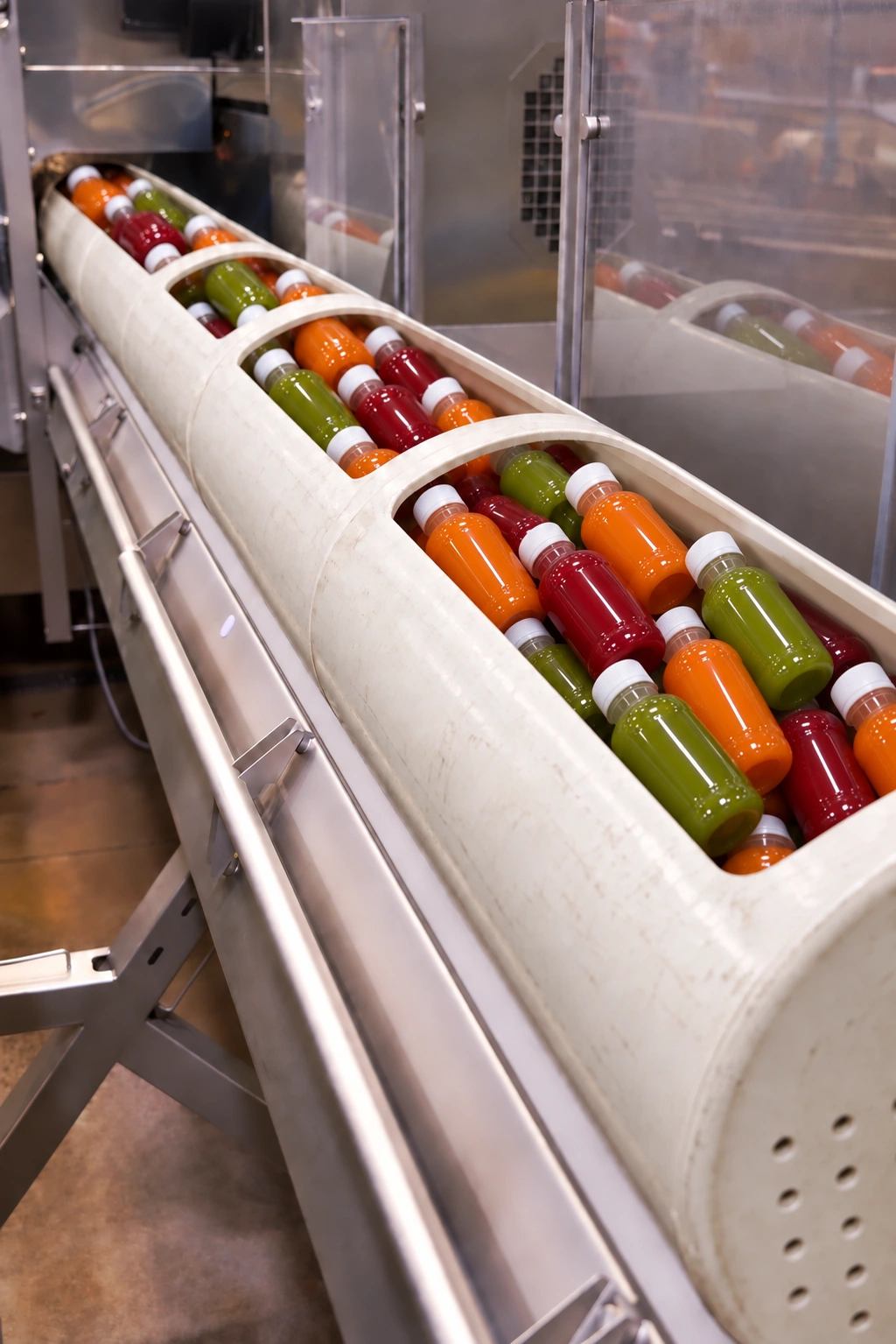 Layers of unlabeled orange, deep-red, and green juice bottles with white caps fill scuffed off-white processing baskets.