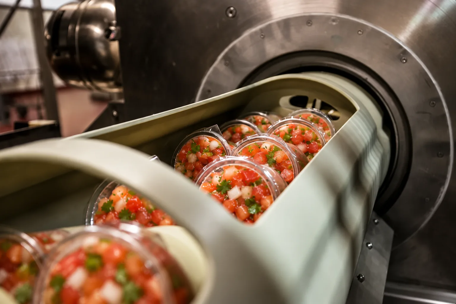 Chunky red pico de gallo cups in an HPP basket entering the high-pressure processing vessel at APC