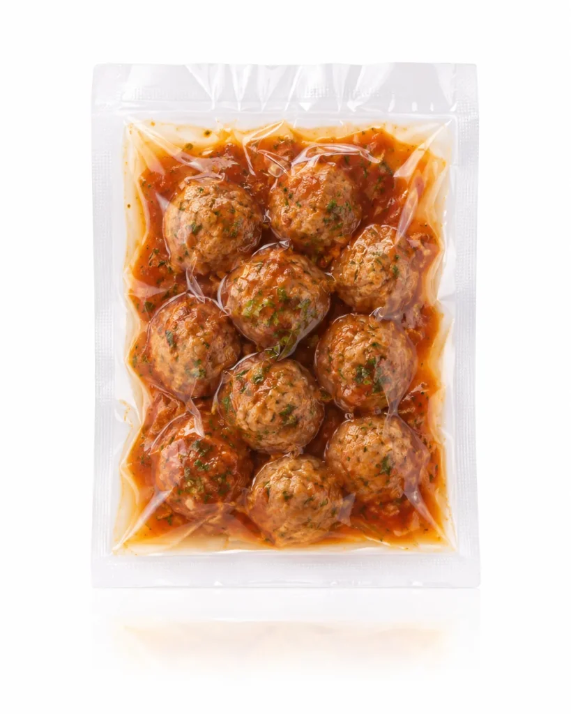 Vacuum-sealed meatballs in tomato sauce packaged for high-pressure processing