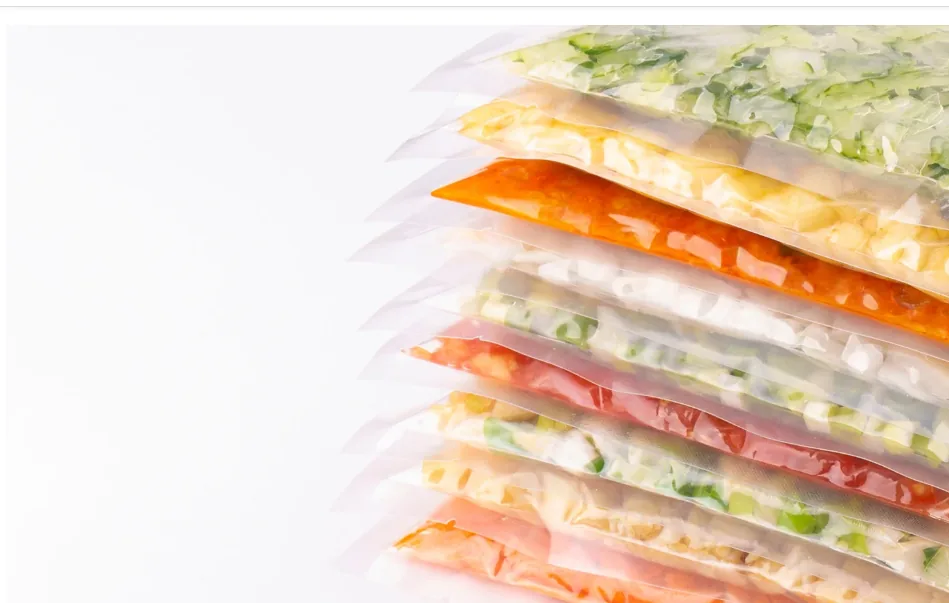 Stacked vacuum-sealed packages containing prepared vegetables and sauces