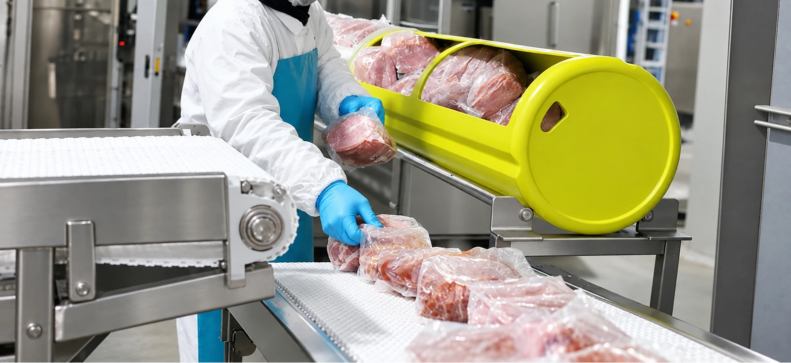 Worker in protective clothing handling meat packages beside a yellow HPP carrier and stainless-steel conveyor.