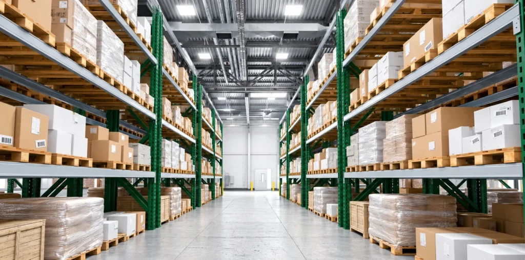 Warehouse aisle with pallet racks holding boxed and stretch-wrapped food products.