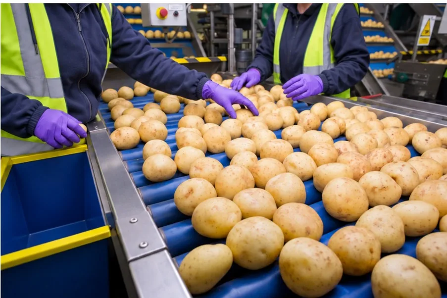 Workers in protective clothing sorting potatoes on a conveyor in a food processing facility.