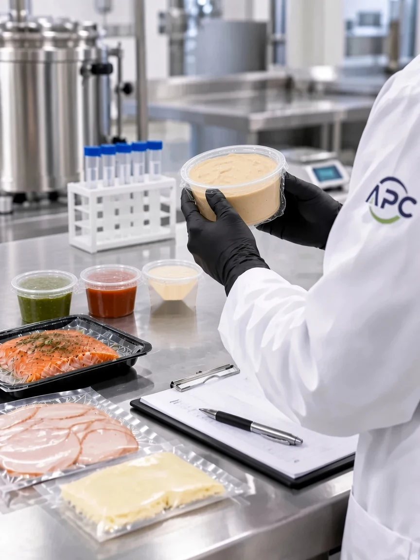 APC-branded food-development professional examining heat-sealed hummus and sauce samples alongside film-sealed rigid containers, vacuum-sealed pouches, and lab documentation