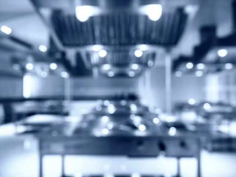 Out-of-focus commercial kitchen with ceiling lights reflecting off overhead exhaust hoods and stainless steel equipment, in a cool blue tone.