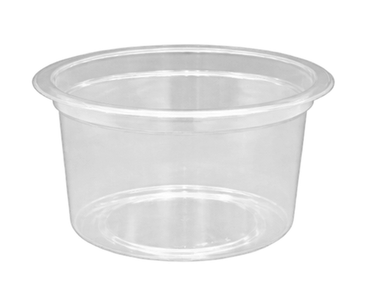 Medium-depth clear plastic food tub with a wide sealing rim