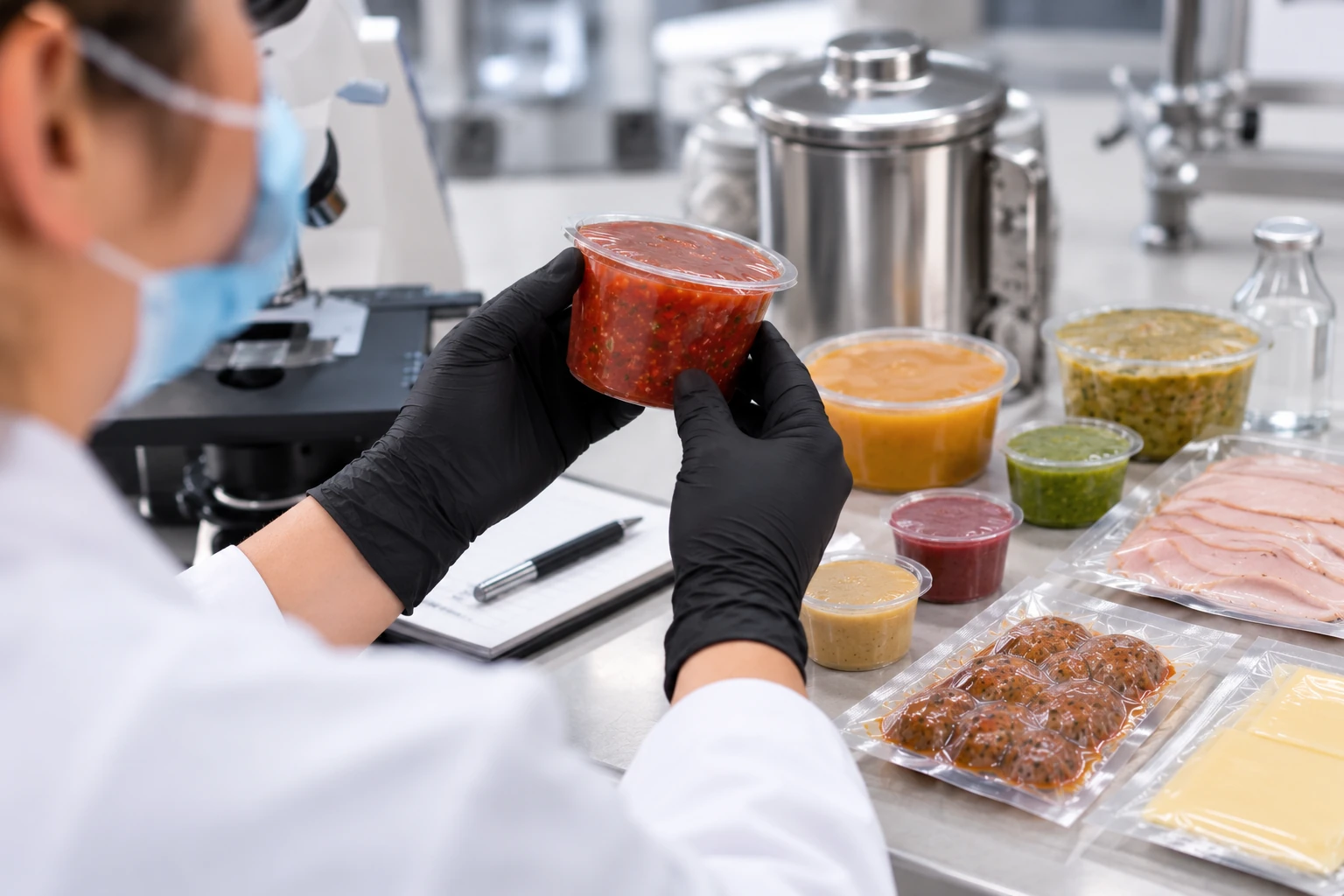 Gloved hands evaluating sealed food product samples among packaged foods in a development laboratory