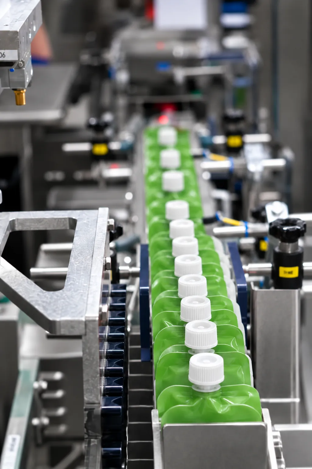 Green spouted pouches with white screw caps lined up on a conveyor between metal packaging machinery.