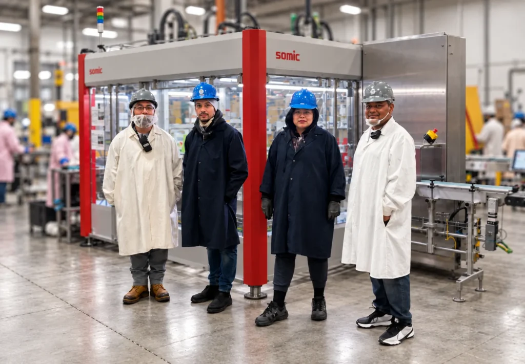 Four food manufacturing employees in protective gear standing in front of automated packaging equipment inside a production facility.