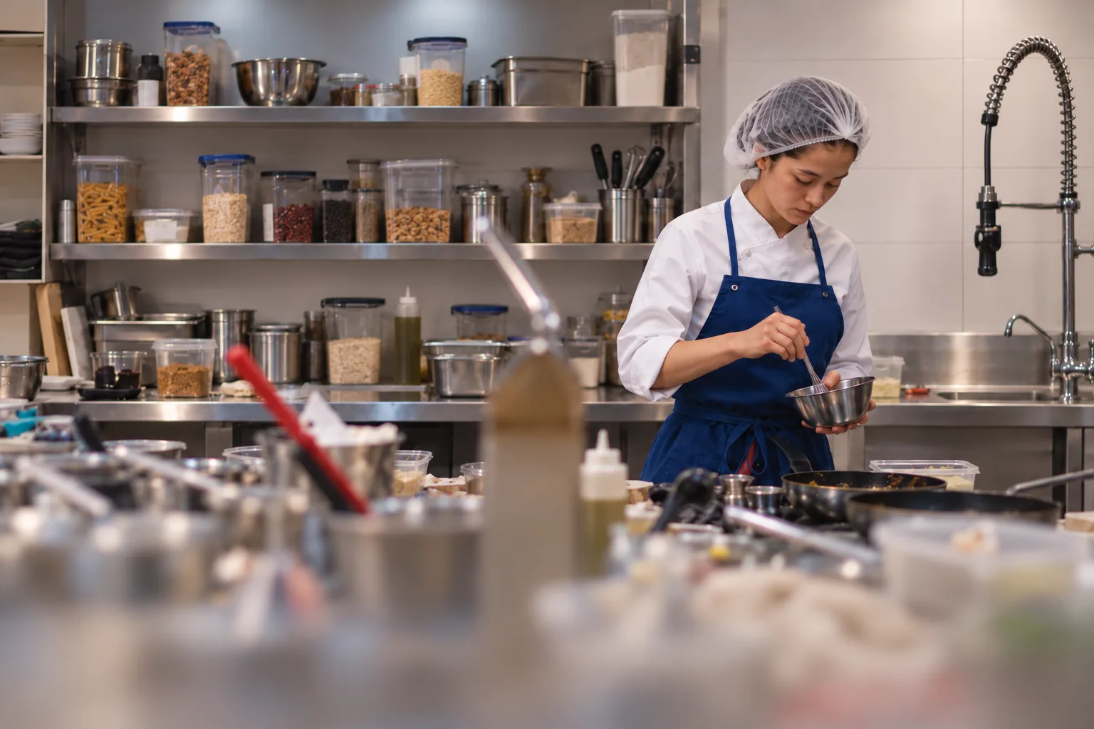 Chef in a hairnet and blue apron whisking a formulation in a stainless-steel bowl at a commercial test kitchen counter lined with labeled ingredient containers