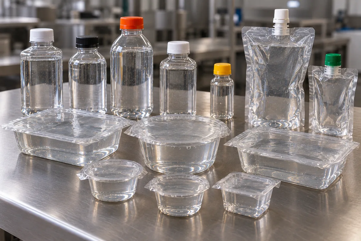 Clear plastic bottles with colored caps, spouted pouches, and film-sealed tubs and cups filled with water on a stainless steel table in a food production facility