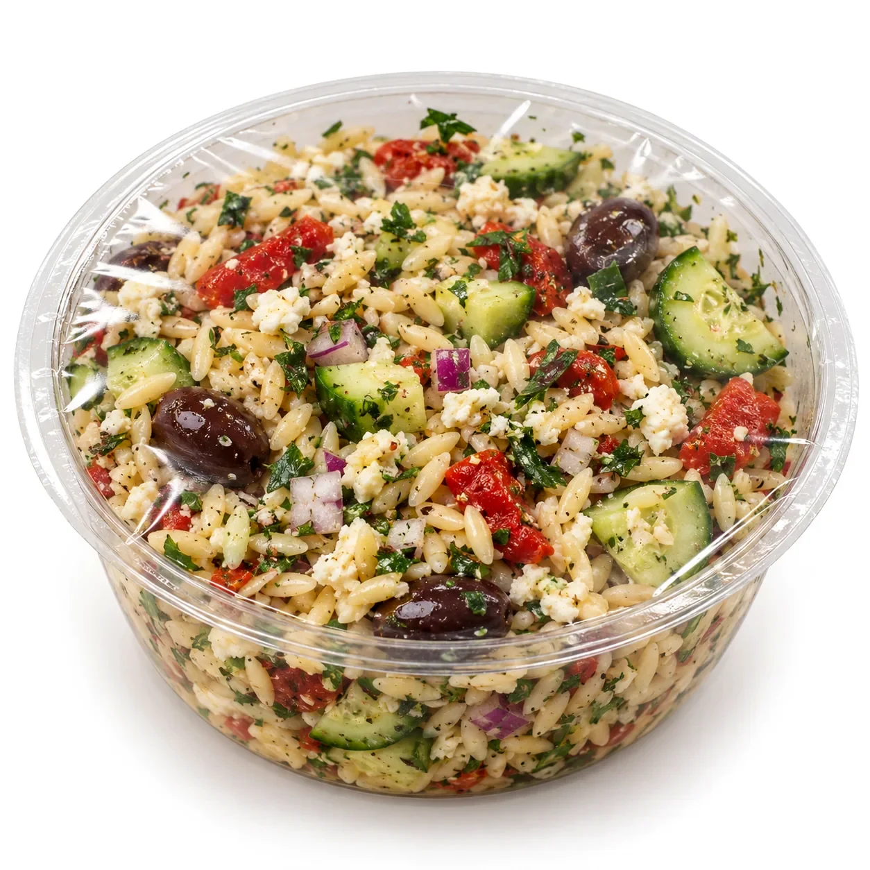 Mediterranean orzo salad in a round bowl with a tighter transparent film seal.