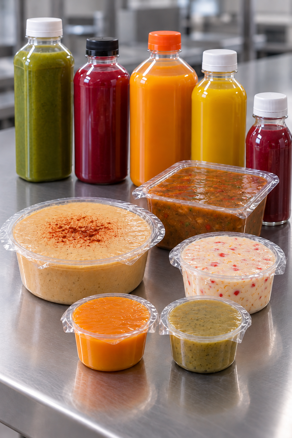 Sealed juice bottles and film-sealed tubs of sauces and dips on a stainless-steel counter